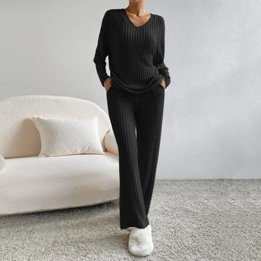 Ribbed Knit V Neck Two-Piece Set